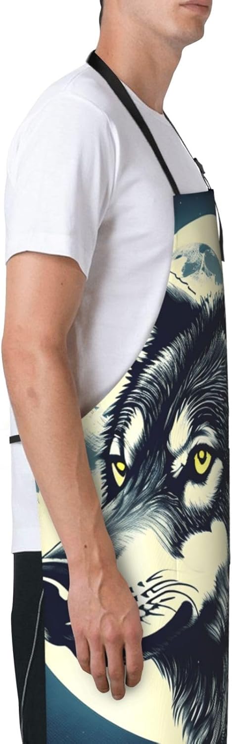 YANYU Wolf Night Moon Print 28x33 In Kitchen Apron Stylish Chef Apron with Pockets for Cooking Baking Painting
