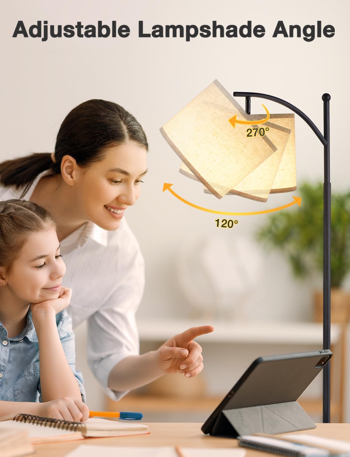 Ambimall Tall Floor Lamps with 3 Color Temperatures Bulb & Adjustable Linen Shade, for Living Room, Bedroom, Office, Classroom, Dorm Room (9W Bulb Included), Beige & Black, 60"