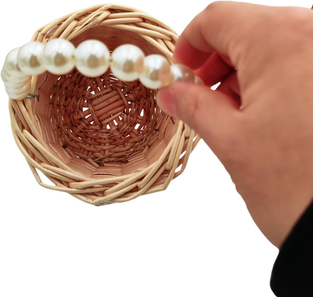 Rustic Wicker Rattan Wedding Flower Girl Baskets,Woven Rattan Storage Basket with Pearl Handles,Woven Eggs Candy Basket for Wedding Home Garden Decor (H1)