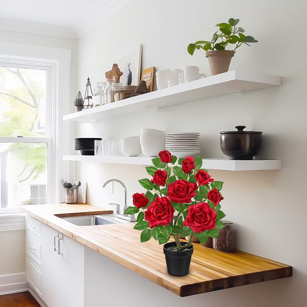 Artificial Rose Flowers Potted Plant - 17.7" Small Fake Red Roses Tree with Black Pot Indoor Outdoor Faux Plants & Flowers Silk Rose Flower Floral Arrangement for Home Table Kitchen Office Decor