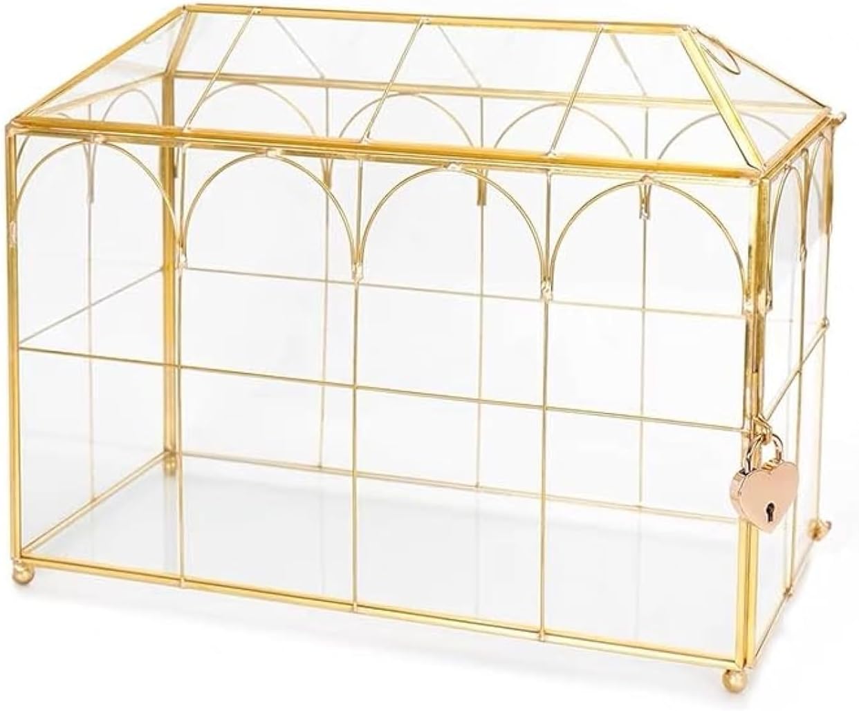 Golden Glass Lidded Box Decorative Jewelry Display Box Brass Clear Glass (Garden Gold with Lock, 10.3" L x 5.9" W x 8.3" H)…