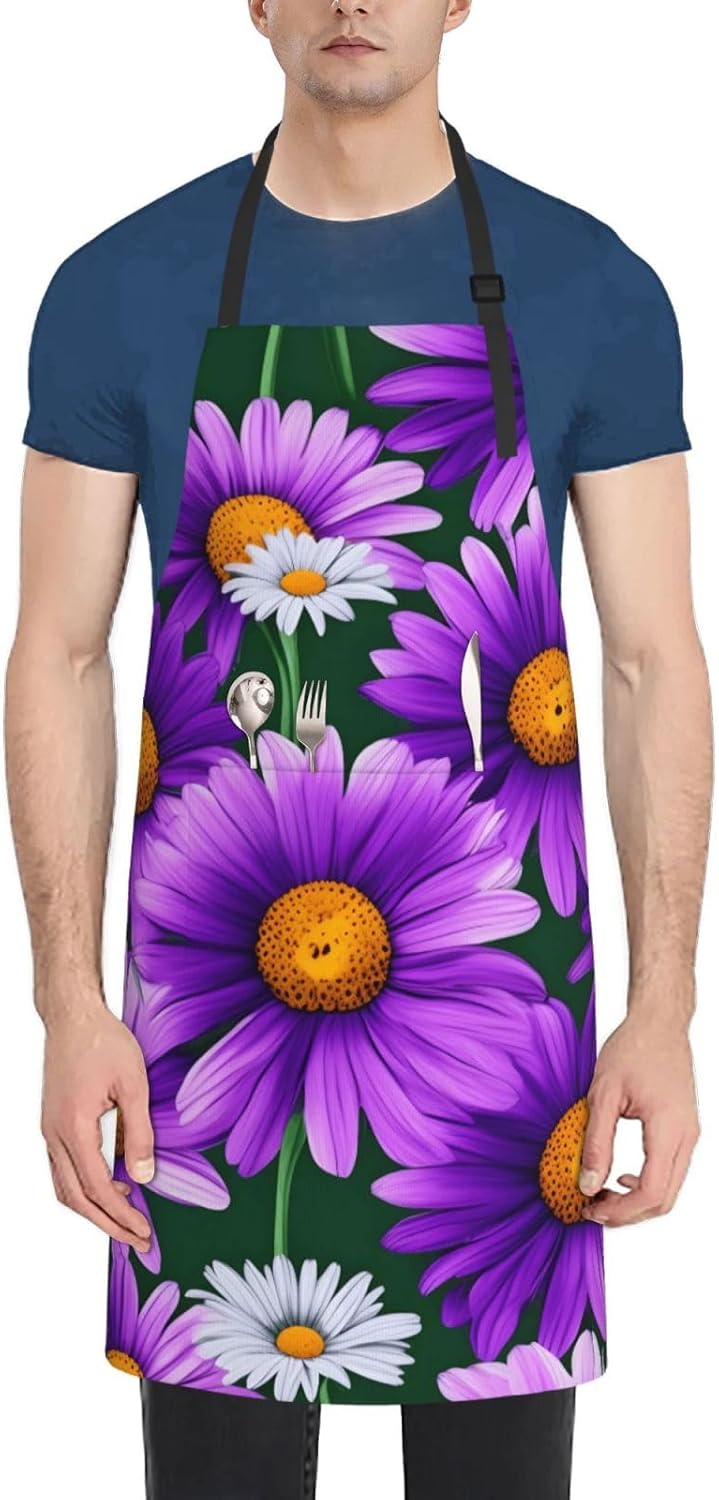 YANYU Purple Daisy Print 28x33 In Kitchen Apron Stylish Chef Apron wit