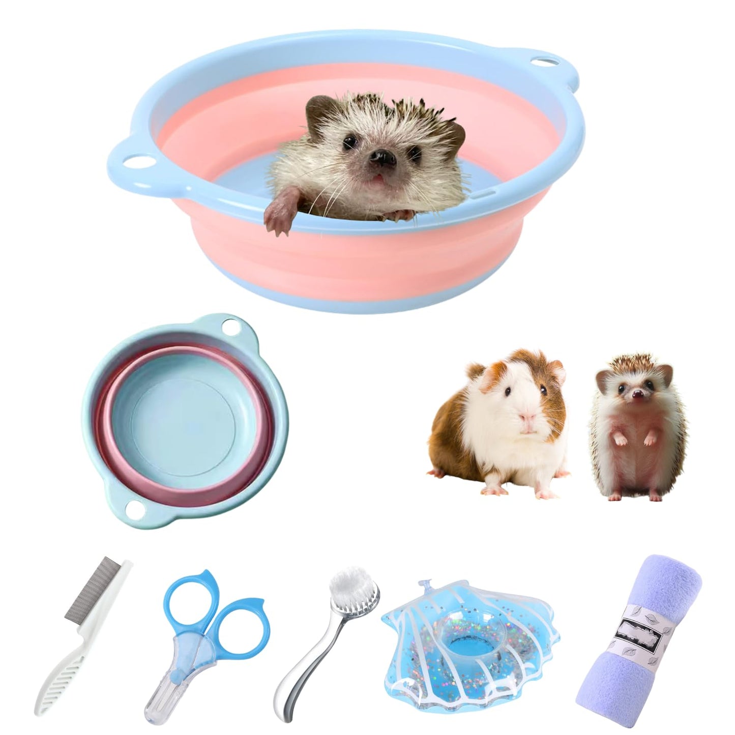 6 Pcs Hedgehog Bath Supplies Kit, Foldable Bathtub and Cleaning Brush 