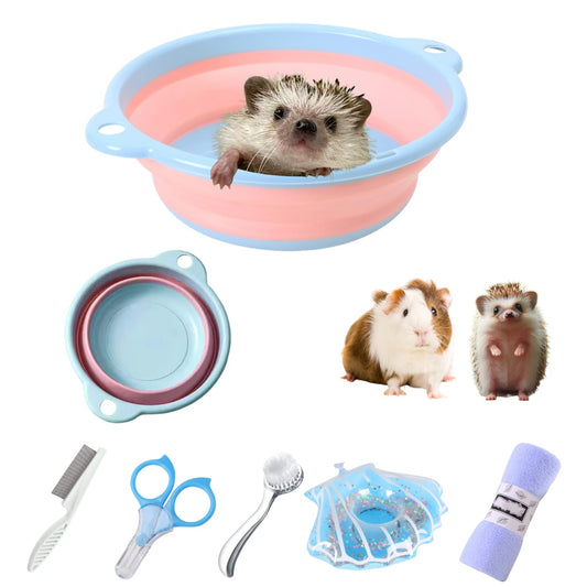 6 Pcs Hedgehog Bath Supplies Kit, Foldable Bathtub and Cleaning Brush 