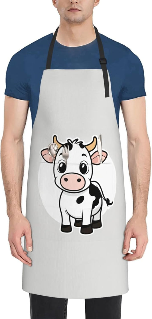 Cartoon Milk Cow print Waterproof chef's apron with pocket apron for k