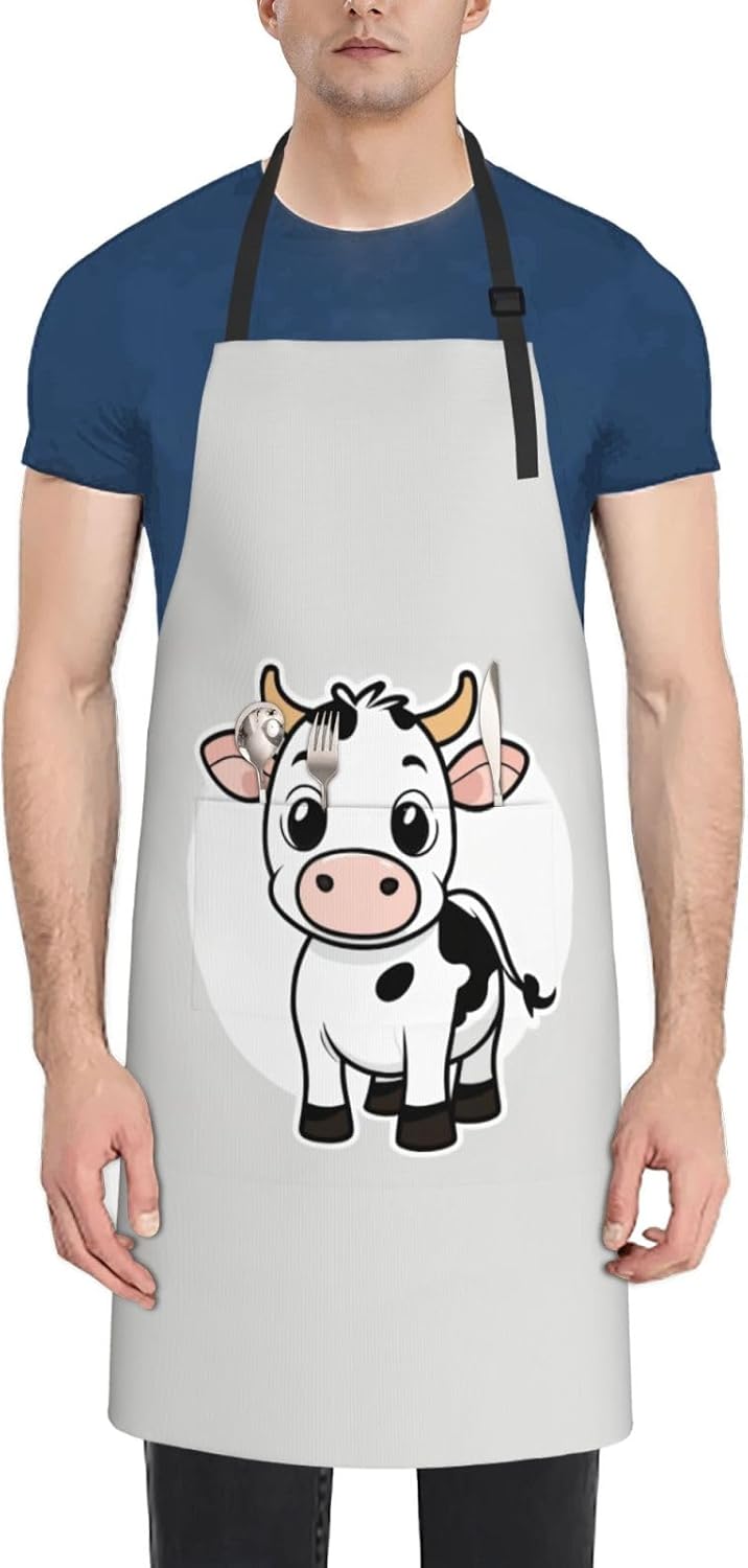 Cartoon Milk Cow print Waterproof chef's apron with pocket apron for kitchen cooking baking barbecue and gardening