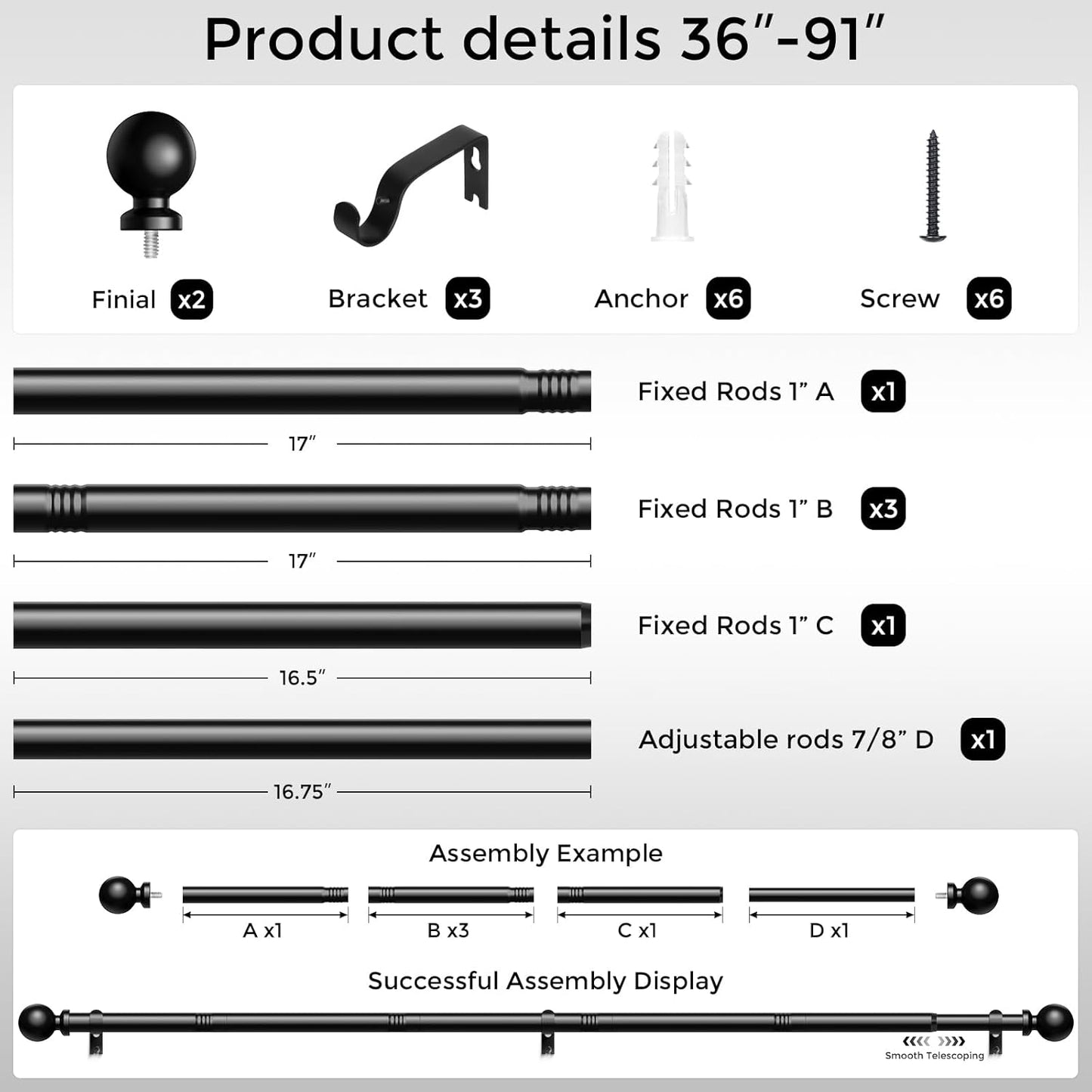 Curtain Rods 48 to 84 Inch, Black 1 Inch Adjustable Heavy Duty Curtain Rods for Windows, Decorative Modern Window Treatment Rod, Telescopic Splicing Metal Drapery Pole, Easy Installation