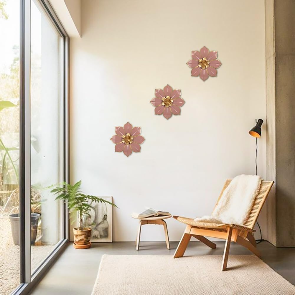 Metal Flowers Wall Decor Set of 3, Pink Metal Flower Wall Art Decor for Inoor & Outdoor Use, 3D Vintage & Modern Pink Walls Arts for Bathroom, Living Room, Bedroom, Garden, Patio, Porch, Office, 10"