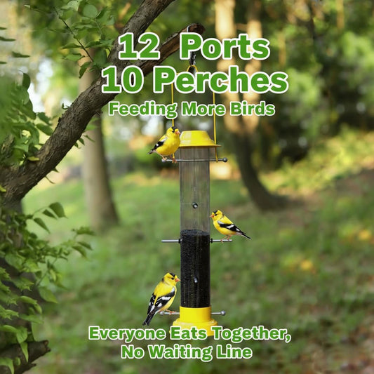 KiRuan Finch Feeders for Outside,Thistle Bird Feeders for Outdoors Hanging,22.44 Inch Tube Bird Feeder with 12 Ports and 10 Metal Perches,All Detachable Design,Easy to Refill & Clean,Yellow,1 Pack