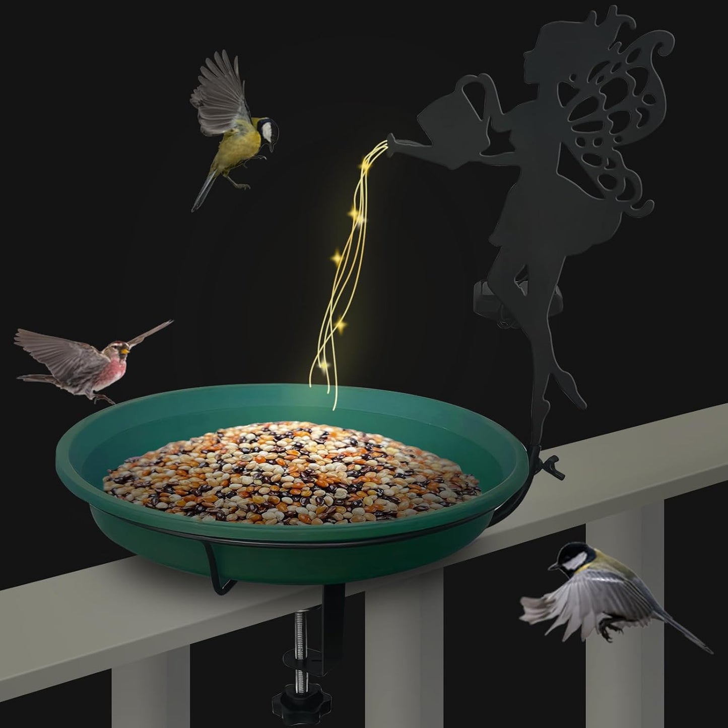 Solar Light String Bird Bath，Birdbaths Deck Mounted 19.5 Inches Bird Bath 2.7 Inches Deck Adjustable Steel Clamp，Balcony Railing Birdbaths, Fence Clamp Detachable…