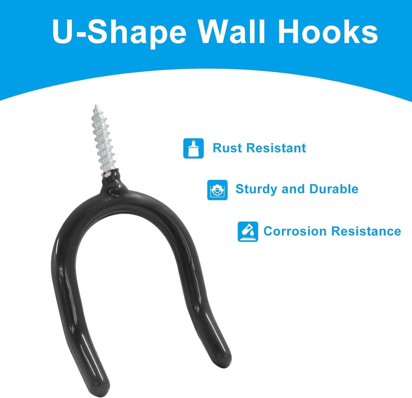 6pcs Heavy Duty Screw-in U-Shaped Utility Hooks, Black Corrosion-Resistant Wall Mounted Utility Hooks for Garage Storage and Garden Tools, Durable Steel Construction with Anti-Rust Coating