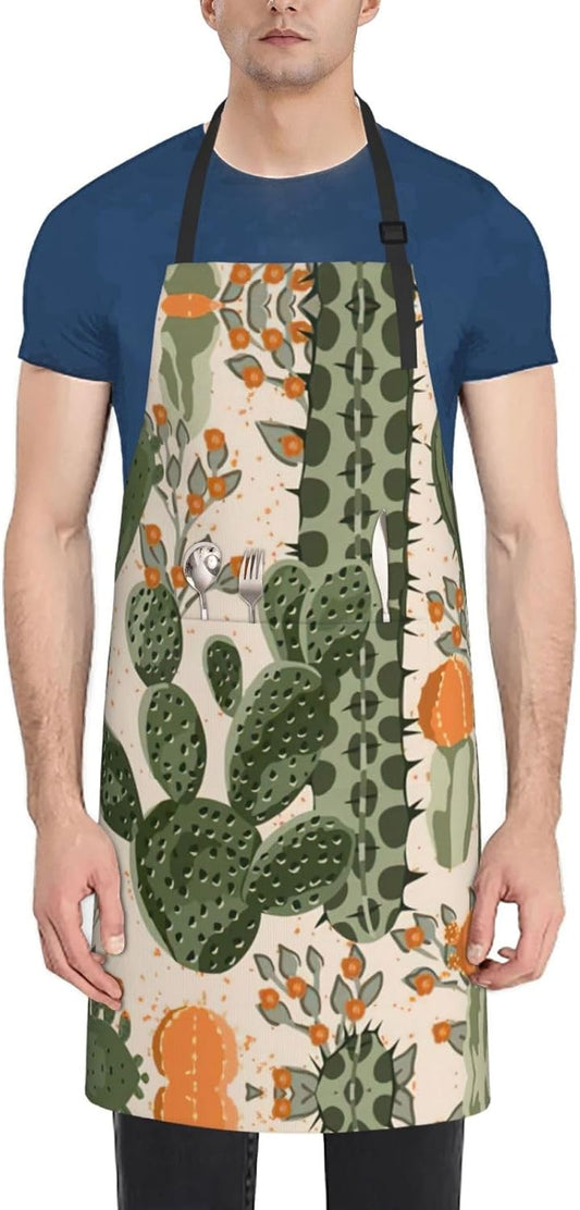 Green Cactus Print Laundry apron 28x33 In Waterproof Kitchen Apron with Pockets for Cooking Baking