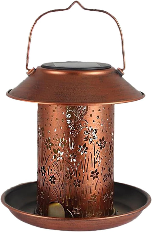 Solar Bird Feeder Lantern, Waterproof Metal Outdoor Feeder, Hollow Wil