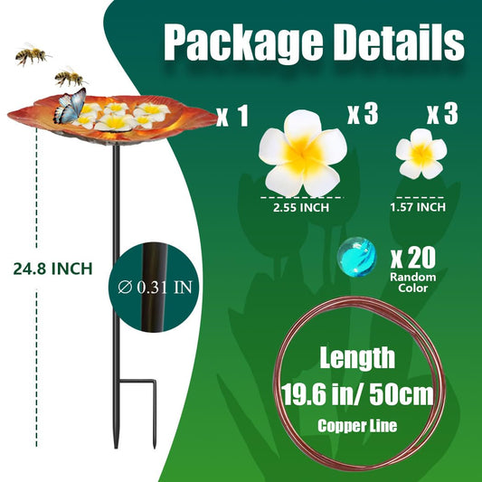 Bee Watering Station - Metal Waterer with 99.9% Pure Copper Line Keep Water Fresh/Plumeria Rubras & Colorful Marbles to Attract Bees/Butterflies/Hummingbirds, Nice Plant Shade Garden Decor Gift