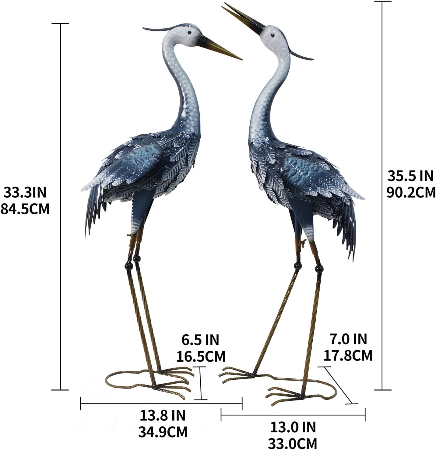 33-35 Inch Blue Heron Garden Statues, Metal Cranes Sculptures Outdoor, Bird Statues Set of 2