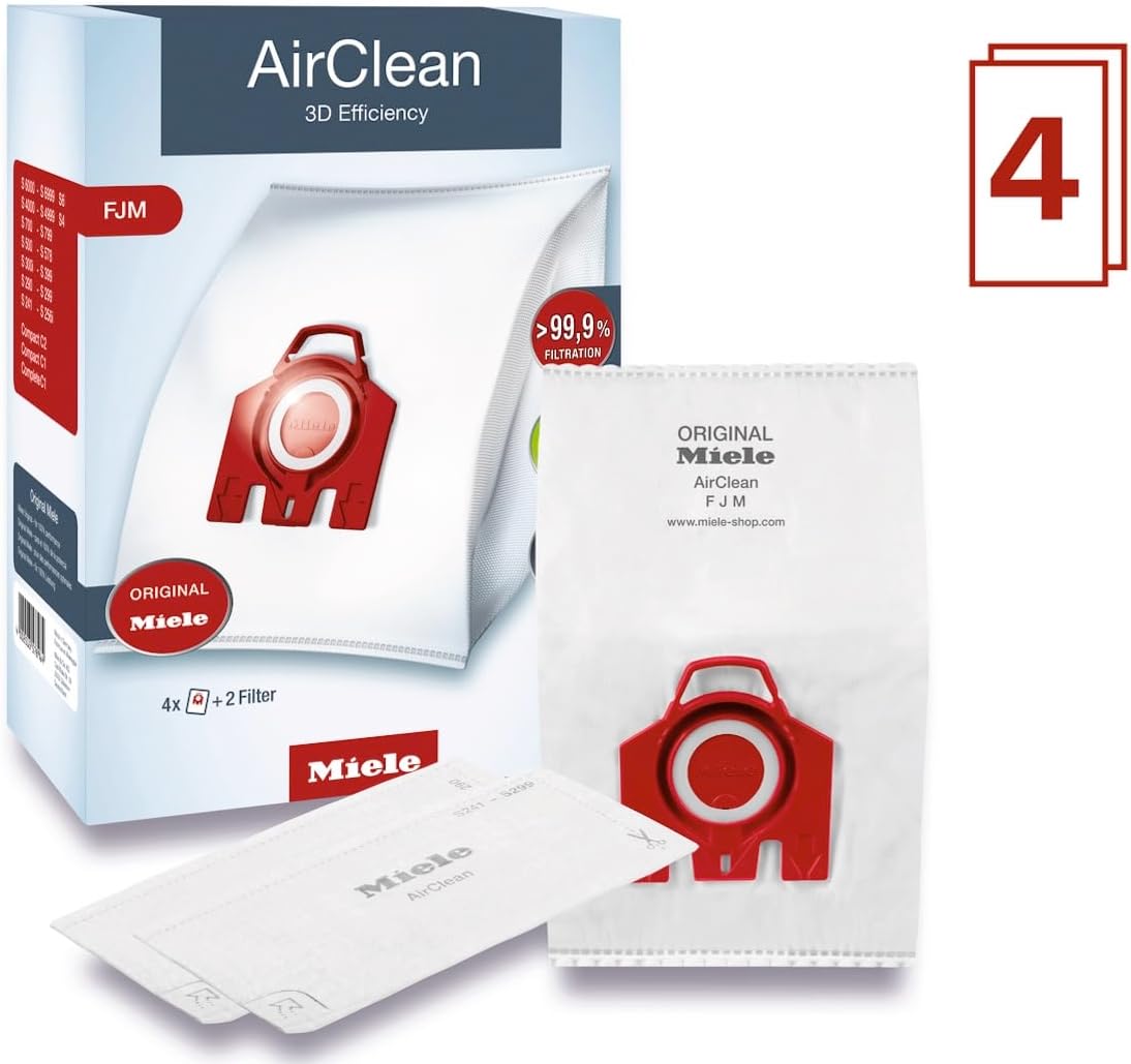 Miele Genuine AirClean 3D FJM Vacuum Cleaner Bags, 4 x Bags, 1 AirClean Exhaust Filter