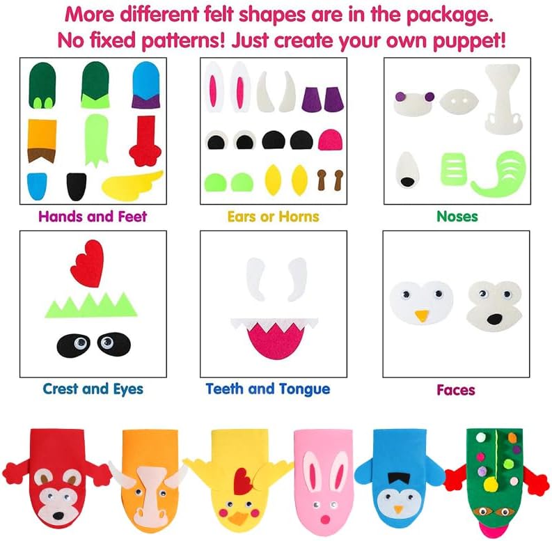 WATINC 6Pcs Hand Puppet Making Kit, Art Craft Felt Sock Puppet Toys, C