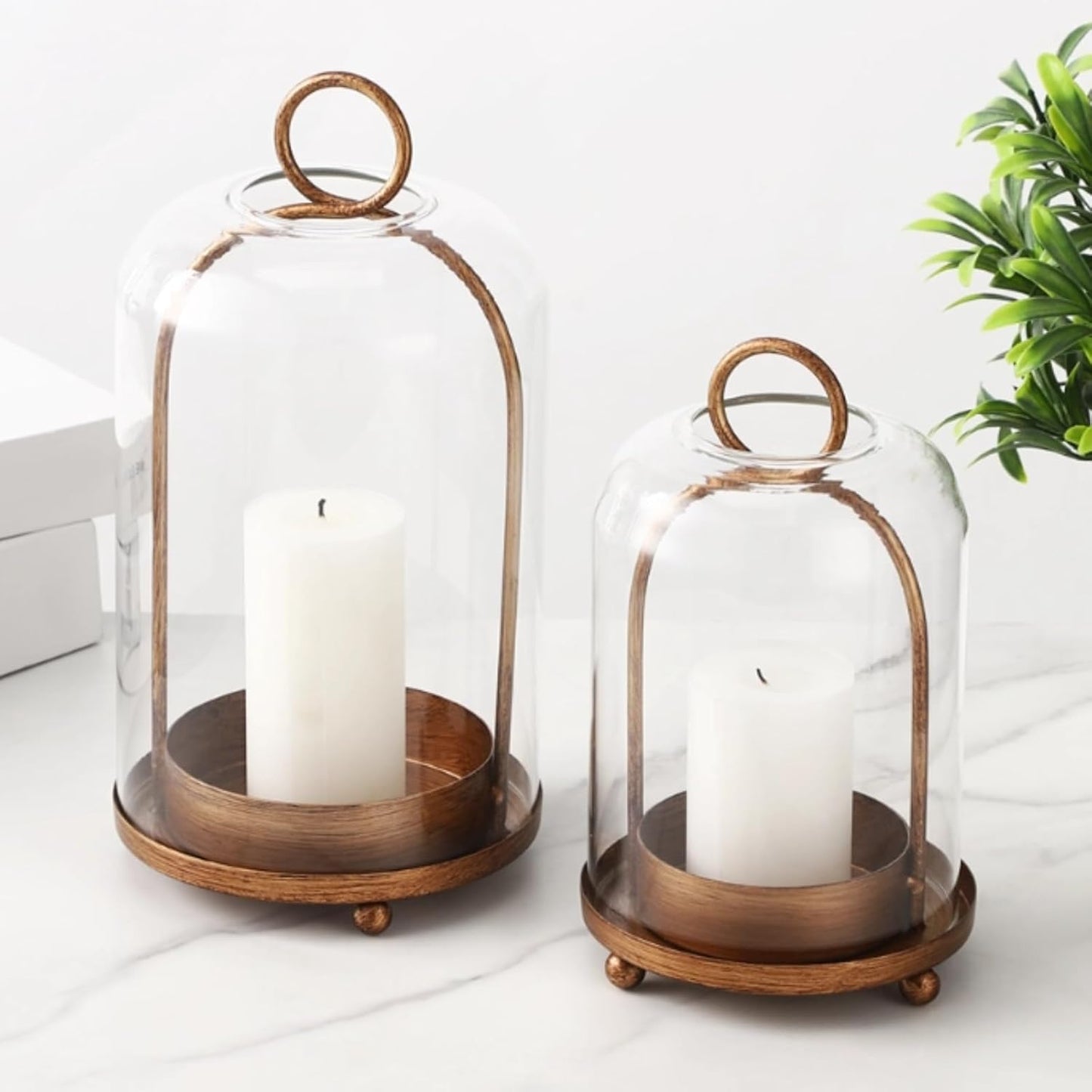 2 Pcs Glass Dome Candle Holders with Cloche Cover, Hanging Candle Lanterns with Hooks, Vintage Glass Cloches with Metal Base, Decorative Plant Display Stands for Tabletop, Mantel, Shelf