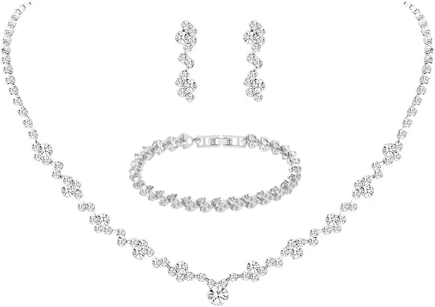 Crystal Wedding Jewelry Set, Silver Necklace Earrings Bracelet Crystal