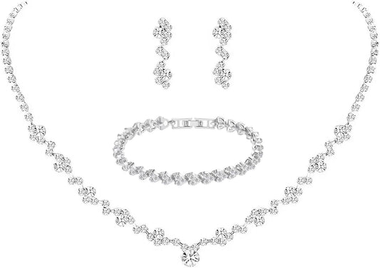 Crystal Wedding Jewelry Set, Silver Necklace Earrings Bracelet Crystal