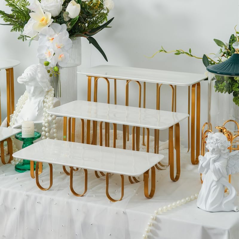 15inch 3 Tier Rectangular Plates with Metal standsy Set, Serving Trays Party Divided Tray, Used for Displaying Vegetables, Fruits and Desserts Cake, Golden and White Version