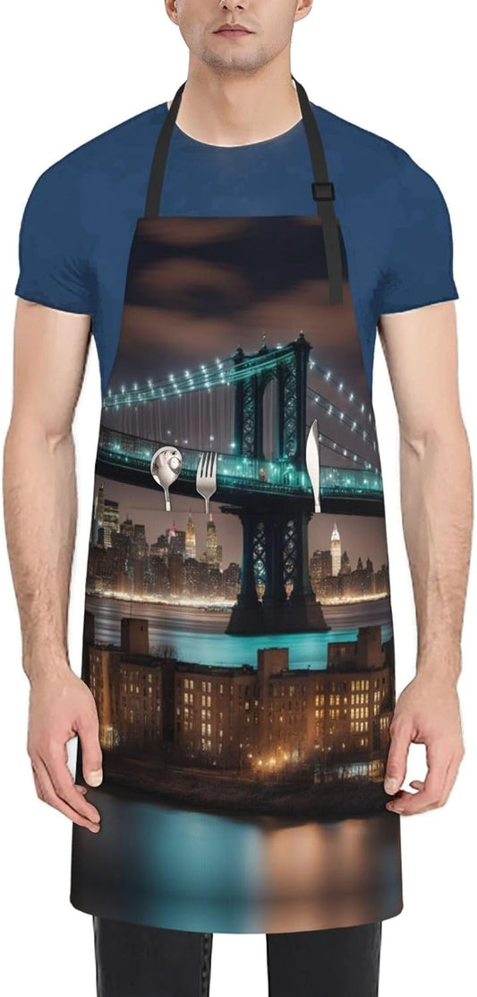New York Manhattan Bridge Night print Waterproof chef's apron with pocket apron for kitchen cooking baking barbecue and gardening