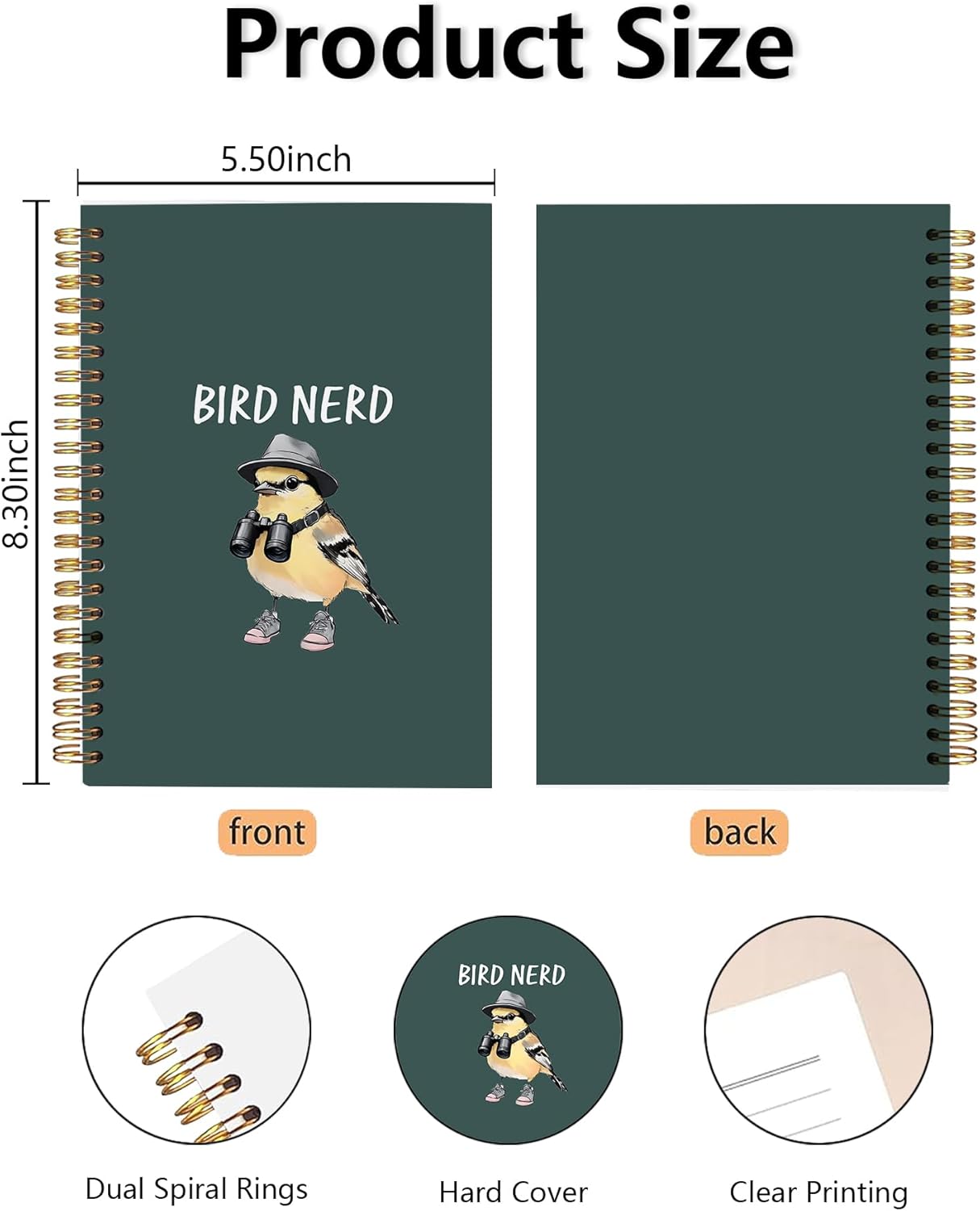 Funny Bird Birding Spiral Notebook, Birds Watching Journal, Gifts for Birds Lover Watchers Journal, Bird Nerd Enthusiast Notebook 5.5x8.3 Inch - Dark Green-383