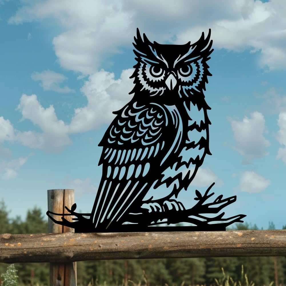 WADORN Owl Metal Garden Yard Art Decor, Bird on Branch Iron Decorative Garden Stakes Wild Animal Black Silhouette Outdoor Fence Decor for Tree Wall Ornaments Yard Art Outdoor Decor Garden Decor