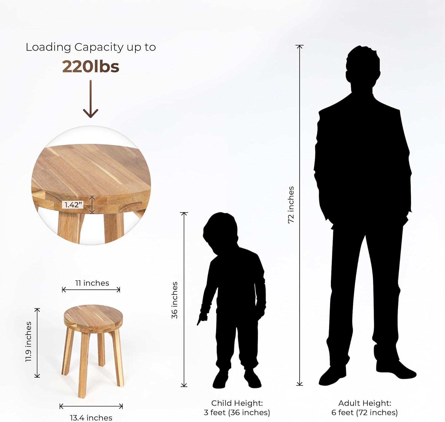 Round Stool Acacia Wood, 12" Height, 11" Round Top, Backless, Easy Ass