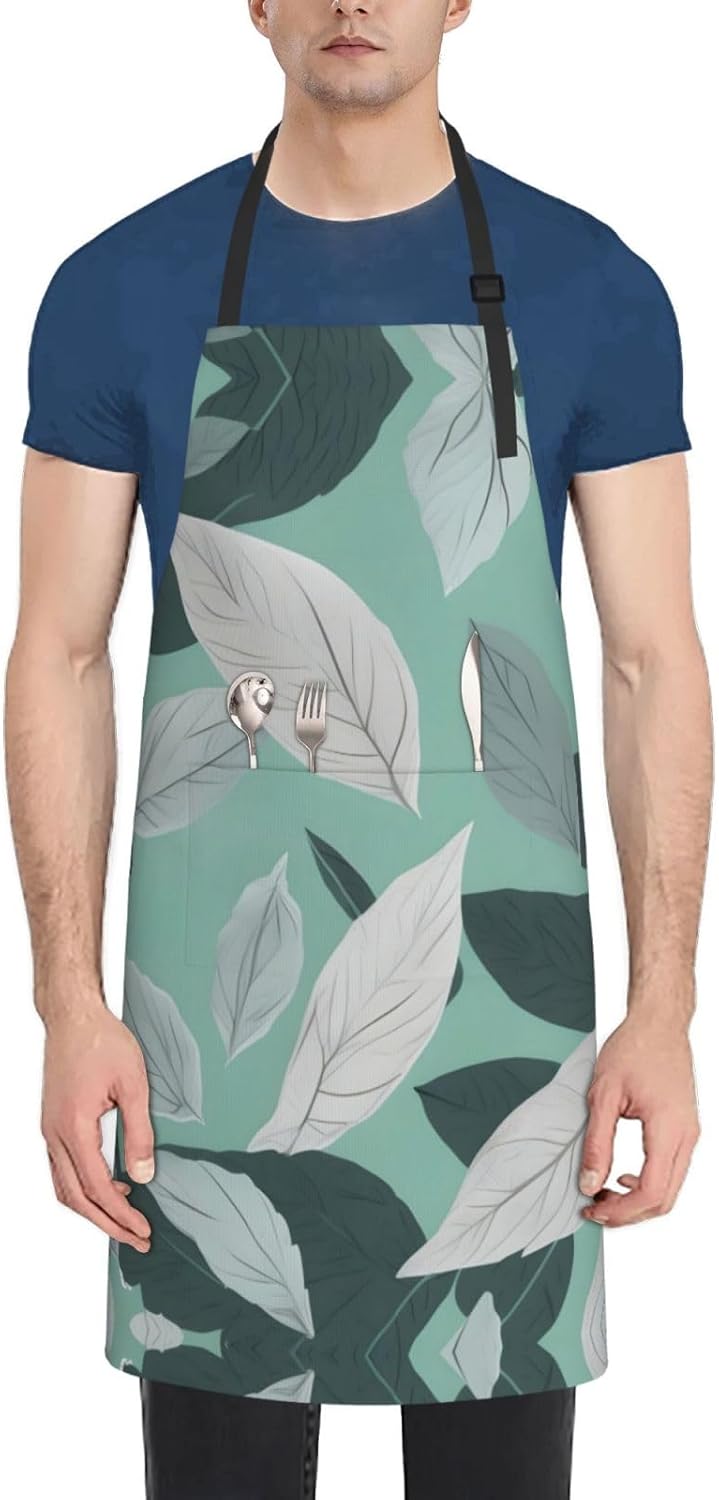 Mint Gray Leaves Print Laundry apron 28x33 In Waterproof Kitchen Apron with Pockets for Cooking Baking