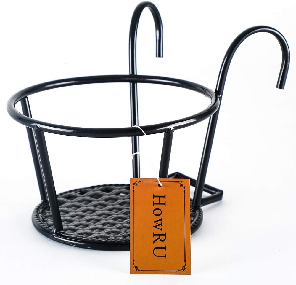 HowRU Iron Art Hanging Baskets Flower Pot Holder - Over The Rail Metal Fence Planters - Pack of 3 - Black