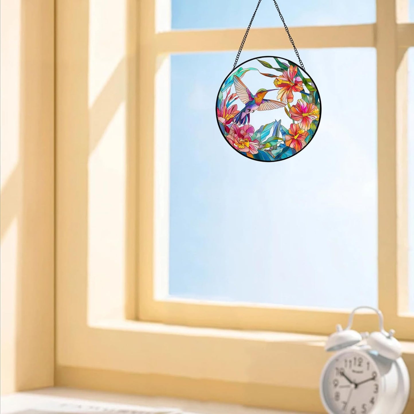 Hummingbird Stained Glass Suncatcher - 7.87" Real Glass Window Hanging with Metal Chain, for Indoor Outdoor Home Garden, Gift for Bird Lovers