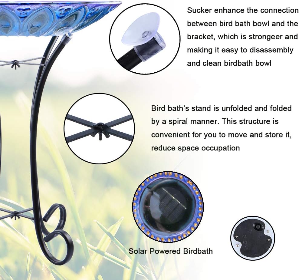 MUMTOP Outdoor Glass Birdbath Solar Birdbaths with Metal Stand for Lawn Yard Garden Peacock Decor,18” Dia 21.65 Height