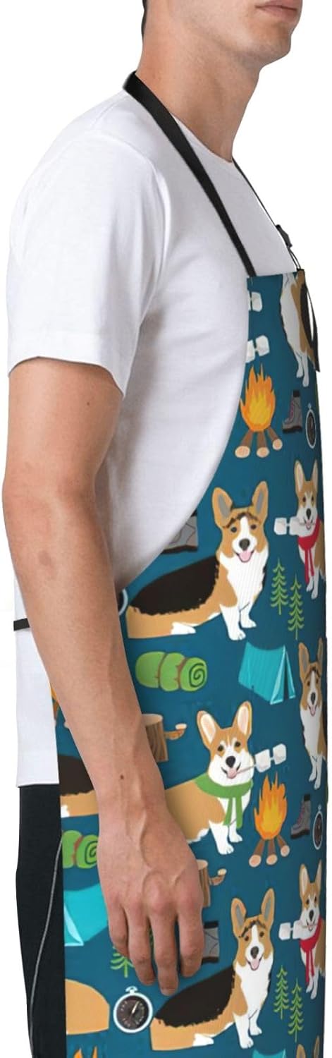 Corgi print Waterproof apron with pocket adjustable cooking apron for adult kitchen bibs to bake