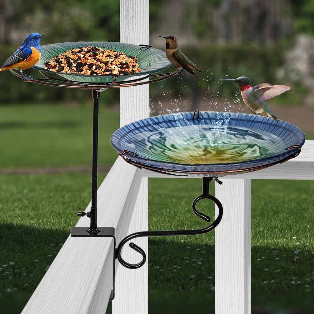 2-in-1 Deck Mounted Bird Bath for Outside Glass Birdbath Bowl & Birdfeeder with Adjustable Sturdy Metal Clamp for Railing Balcony 11" Dia, Blue