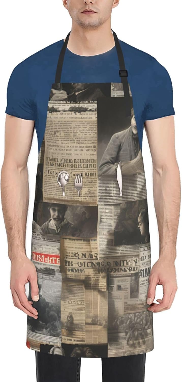 YANYU newspaper hd Print 28x33 In Kitchen Apron Stylish Chef Apron with Pockets for Cooking Baking Painting