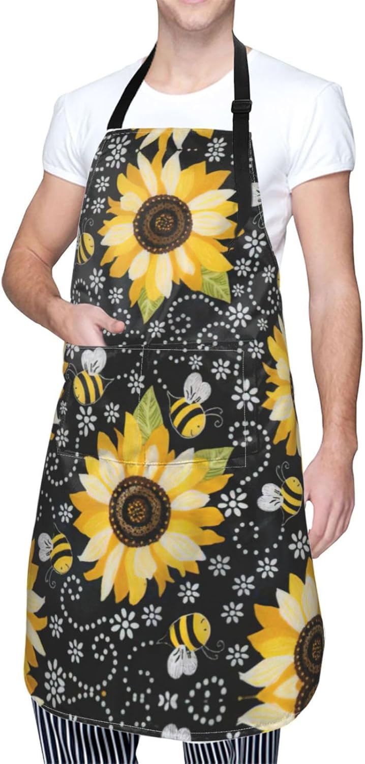 Sunflower bee print Waterproof apron with pocket adjustable cooking ap