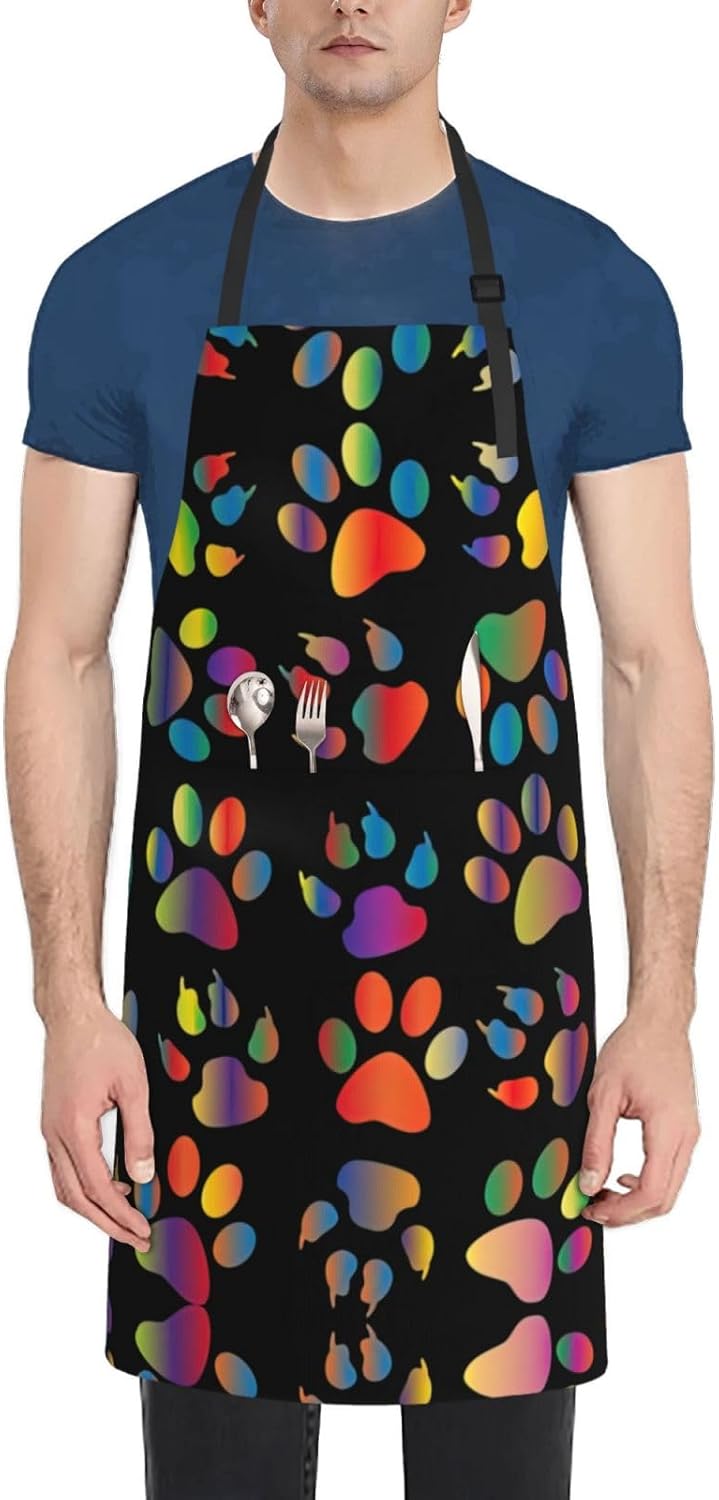 colorful dog paw Print 28x33 In Adult Kitchen Apron with Pockets Versatile Chef Smock for Cooking Baking