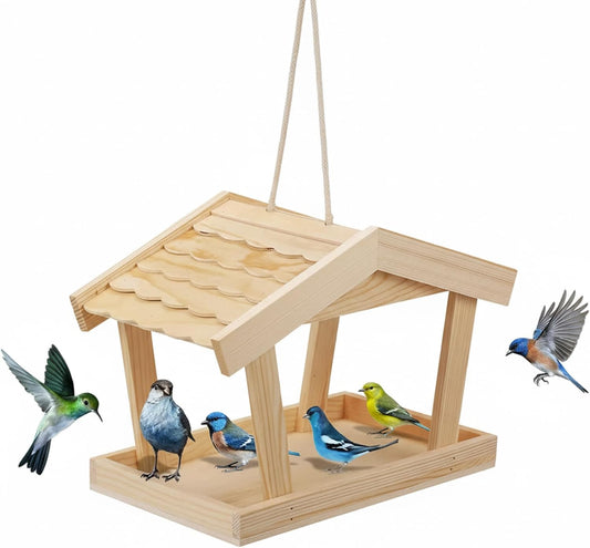 Hanging Bird Feeder, Natural Pine Wood Outdoor Bird House with Creative Roof, Seed Catcher for Wild Birds, 11.4x6.3x7.5 Inch.
