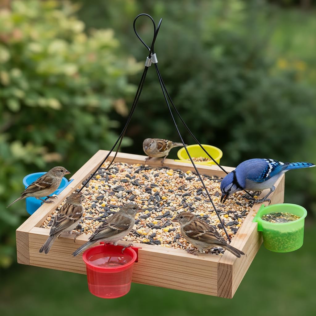 Water Feeder Platform Tray Bird Feeder 12” - Hanging Bird Feeder for Outside Outdoor - Stainless Steel Cable Mesh Base - Weather Proof Birdfeeder for 10 Years - Longtime Outdoor Lasting Heavy Duty