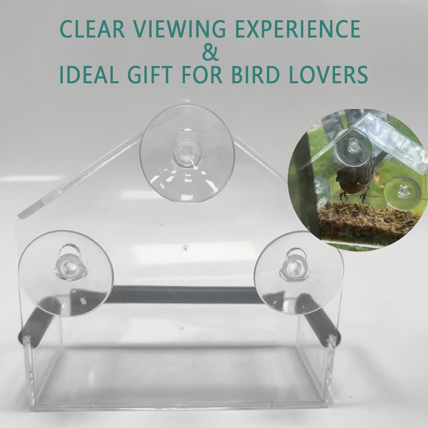 Window Bird Feeder with Strong Suction Cups & Fixed Seed Tray, Transparent Acrylic Birdfeeder for Outdoor (Balcony/Patio), for Wild & Pet Bird Watching Lovers (Small House)