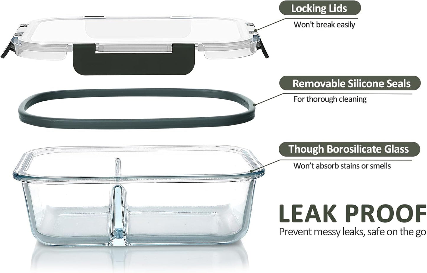 M MCIRCO [5-Pack,36 Oz] Glass Meal Prep Containers 2 Compartments Portion Control with Upgraded Snap Locking Lids Glass Food Storage Containers, Microwave, Oven, Freezer and Dishwasher (4.5 Cups)