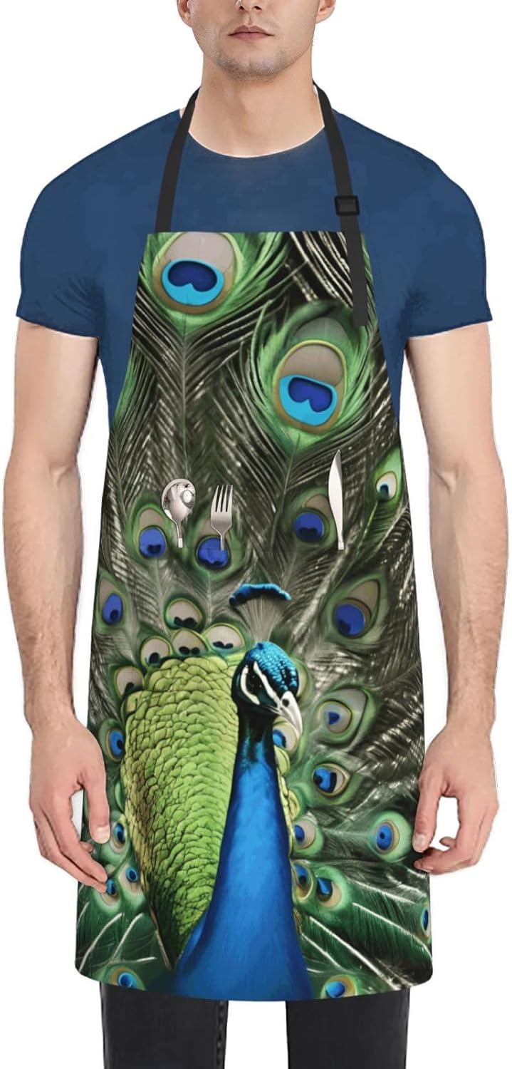 YANYU Fresh peacock Print 28x33 In Kitchen Apron Stylish Chef Apron with Pockets for Cooking Baking Painting