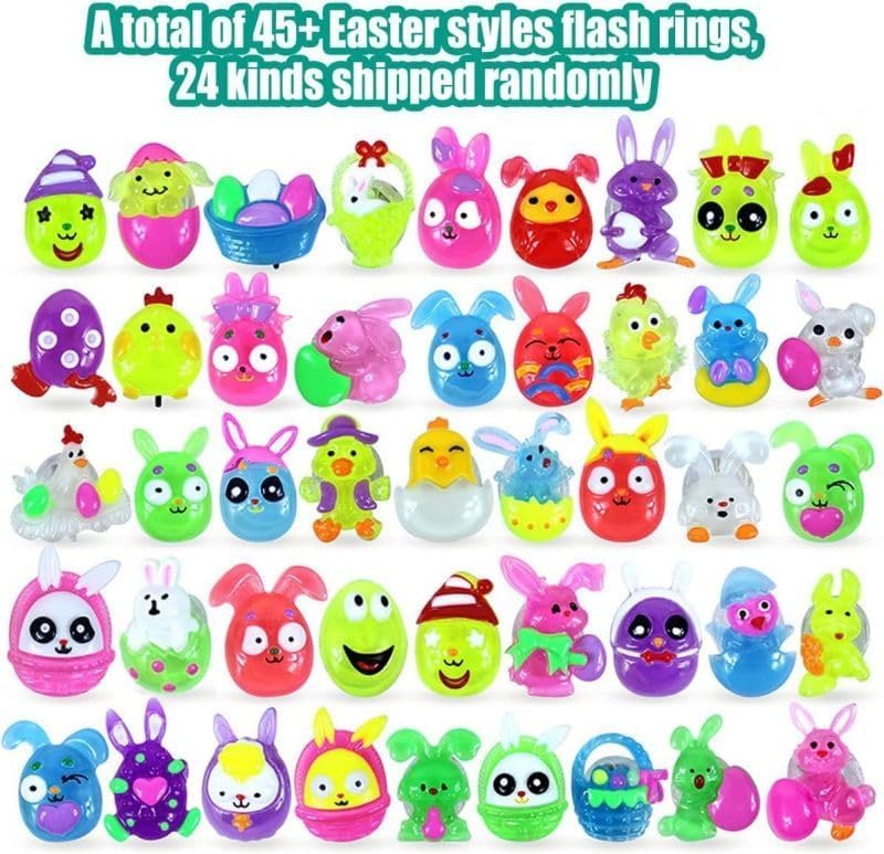 24 Pack Prefilled Easter Eggs with 3D Finger Lights Up Rings Toys Grow in the Dark Great for Kids Girls Boys Easter Basket Stuffers Party Favors Eggs Fillers