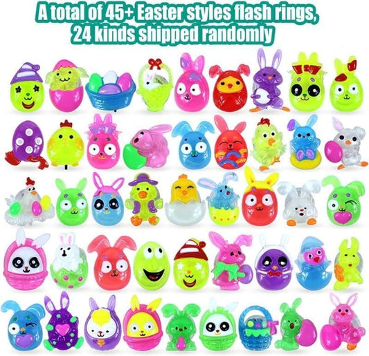 24 Pack Prefilled Easter Eggs with 3D Finger Lights Up Rings Toys Grow in the Dark Great for Kids Girls Boys Easter Basket Stuffers Party Favors Eggs Fillers