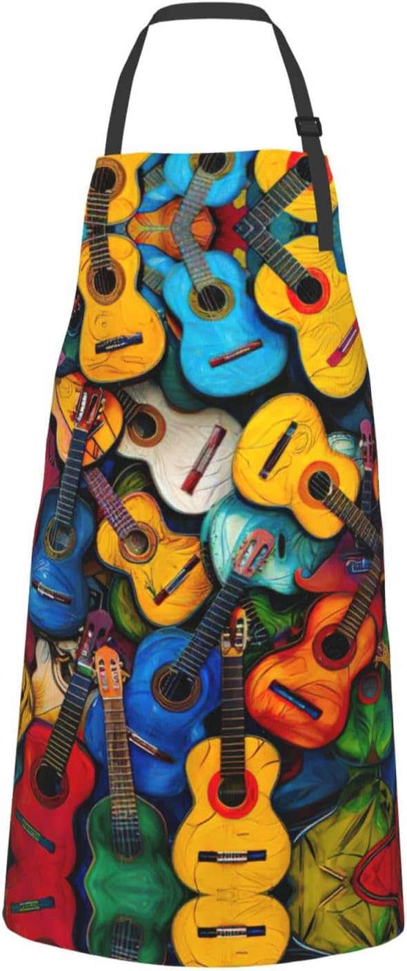 Color Acoustic and Guitars print Waterproof chef's apron with pocket a