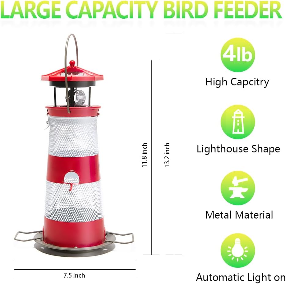 Solar Bird Feeder Lighthouse Hanging Outdoor Birdfeeder Garden Lantern Waterproof LED Lights Backyard Décor Patio Gifts for Bird Lovers (B-Lighthouse, Red)