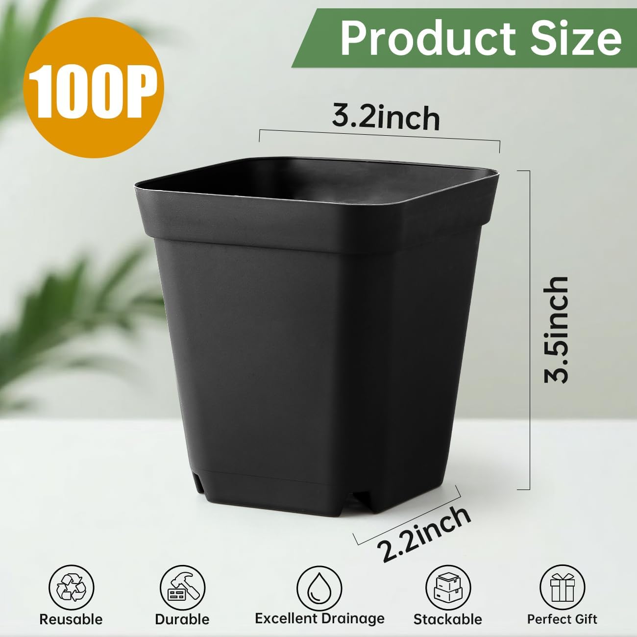 100 Pack Plant Nursery Pots 3.15 Inch, Durable Square Seedling Pots wi
