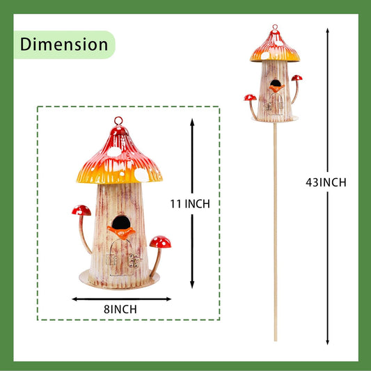 Yinns Bird House Stake for Outside, Metal Mushroom Birdhouse Garden Stake, Wild Bird Houses Pole for Small Bird Home Garden Decor