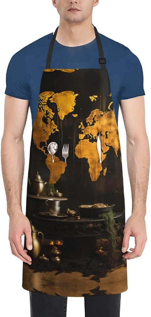 Rust World Map print Waterproof apron with pocket adjustable cooking apron for adult kitchen bibs to bake